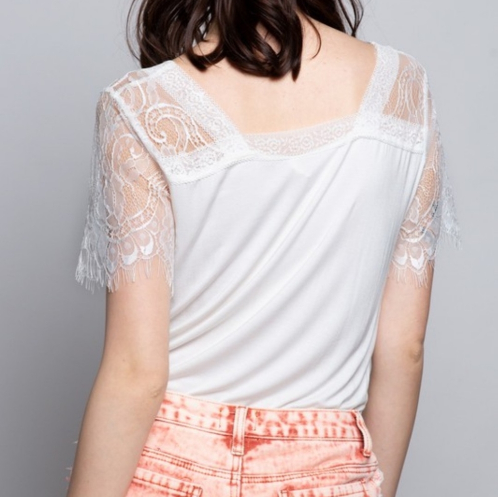 1left! Eyelash Lace casual V neck short sleeve top - Picture 4 of 8
